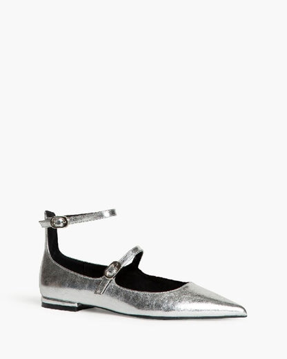 Silver Metallic Mary Jane Flats with Strap