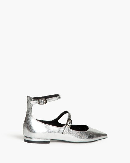 Silver Metallic Mary Jane Flats with Strap