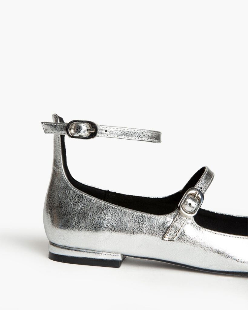 Silver Metallic Mary Jane Flats with Strap