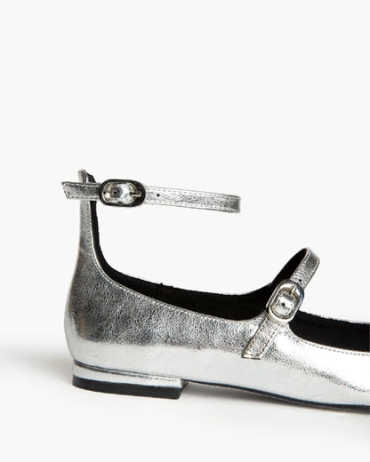 Silver Metallic Mary Jane Flats with Strap