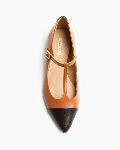 Tan Leather T-Strap Flats with Black Cap Toe