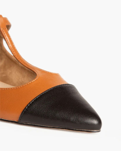 Tan Leather T-Strap Flats with Black Cap Toe