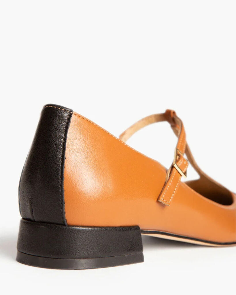 Tan Leather T-Strap Flats with Black Cap Toe