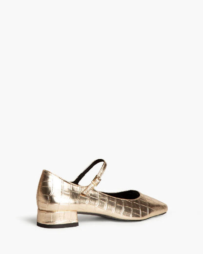 Gold Textured Mary Jane Block Heel Shoe