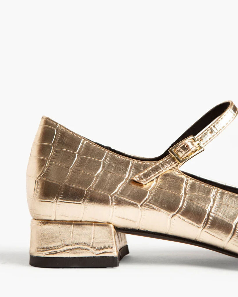 Gold Textured Mary Jane Block Heel Shoe