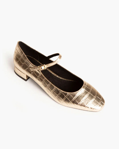 Gold Textured Mary Jane Block Heel Shoe