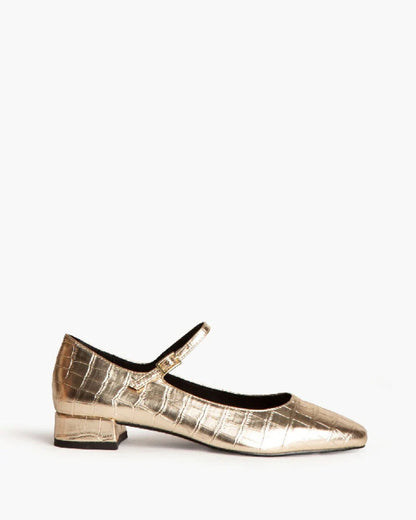 Gold Textured Mary Jane Block Heel Shoe