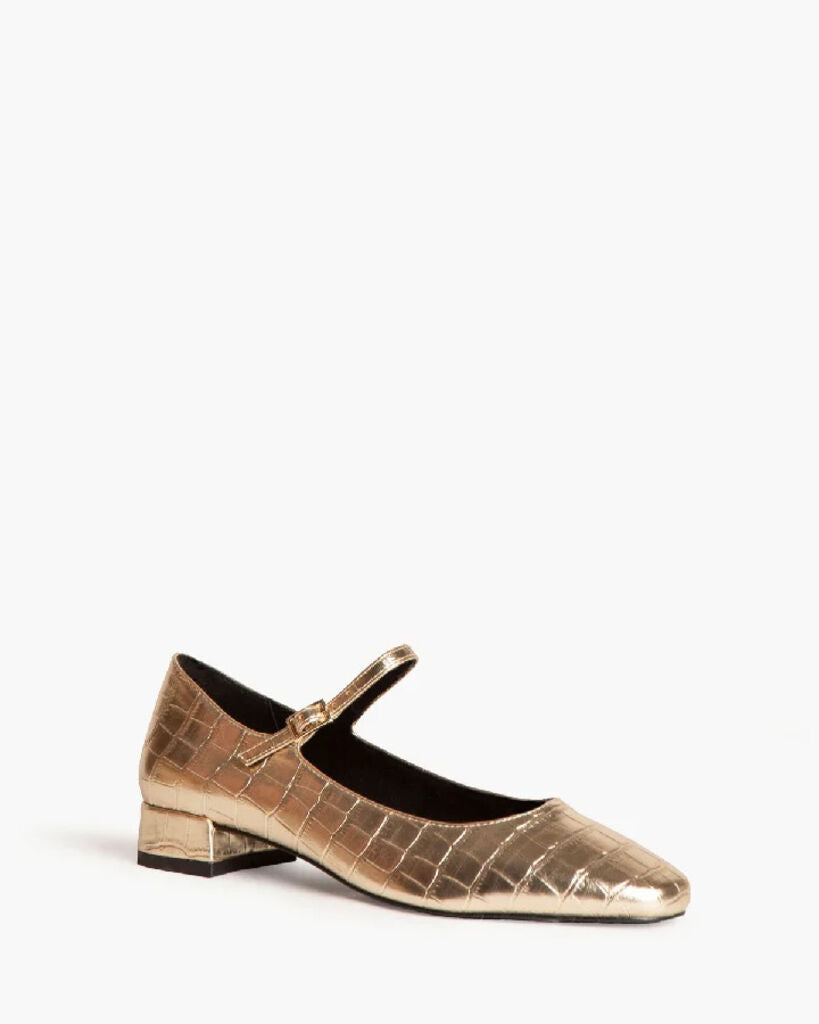 Gold Textured Mary Jane Block Heel Shoe