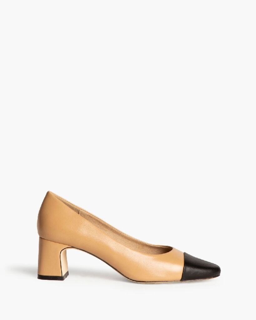 Beige Leather Block-Heel Pump with Black Cap Toe