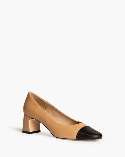 Beige Leather Block-Heel Pump with Black Cap Toe