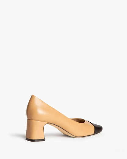 Beige Leather Block-Heel Pump with Black Cap Toe