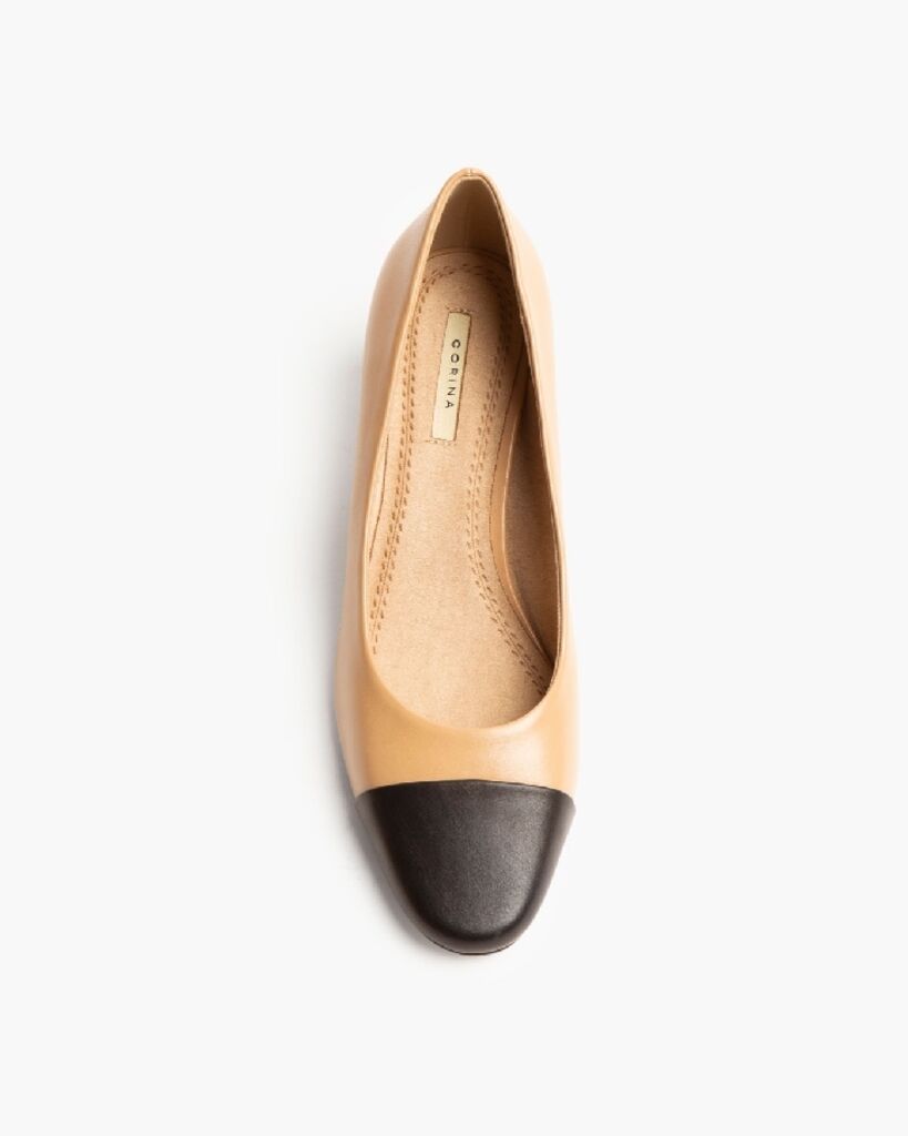 Beige Leather Block-Heel Pump with Black Cap Toe