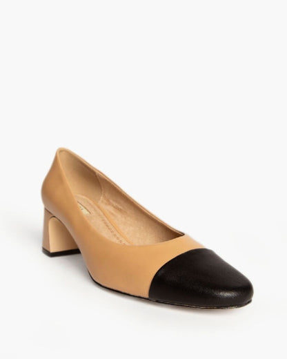 Beige Leather Block-Heel Pump with Black Cap Toe