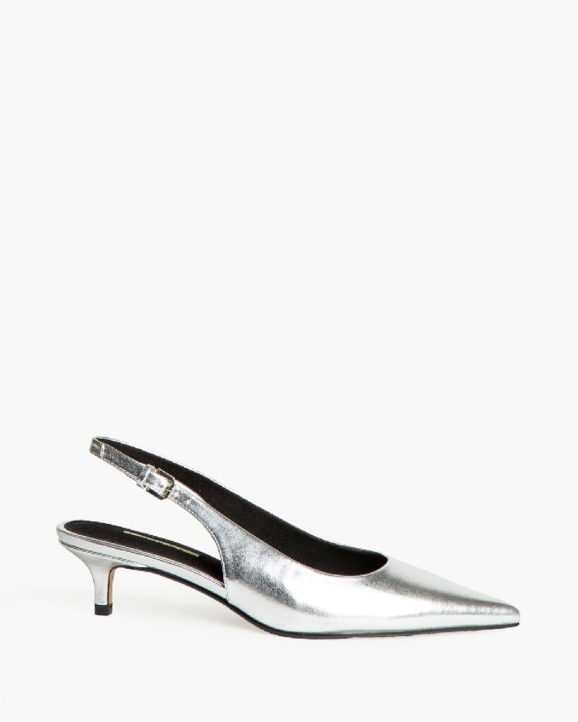 Silver Metallic Slingback Kitten Heel Shoes