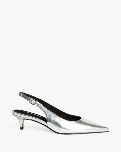 Silver Metallic Slingback Kitten Heel Shoes