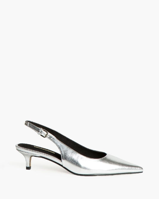 Silver Metallic Slingback Kitten Heel Shoes