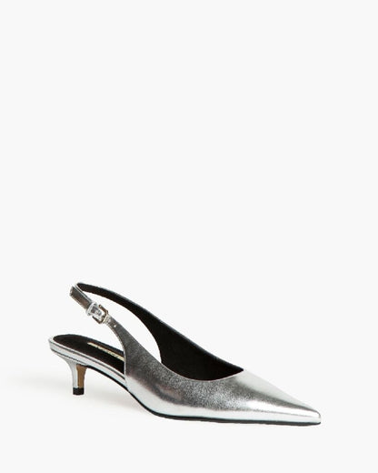 Silver Metallic Slingback Kitten Heel Shoes