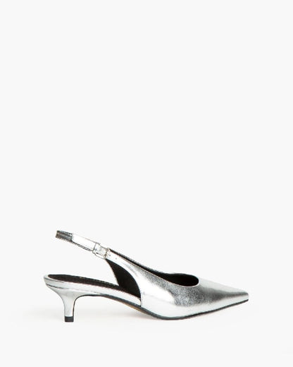 Silver Metallic Slingback Kitten Heel Shoes