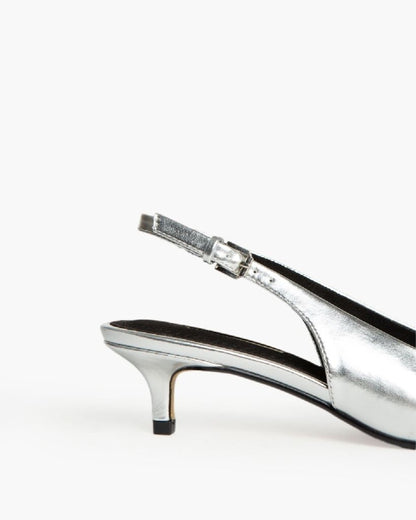 Silver Metallic Slingback Kitten Heel Shoes