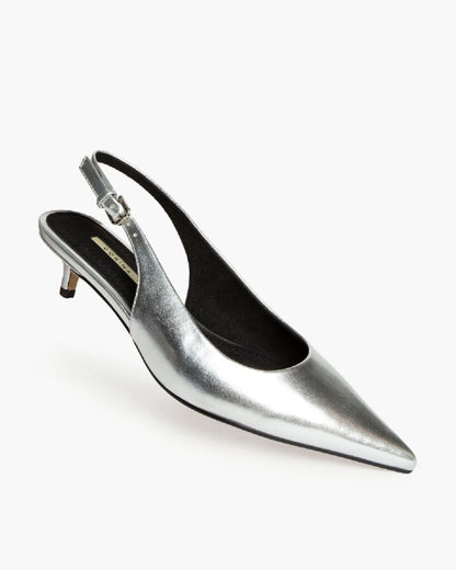 Silver Metallic Slingback Kitten Heel Shoes