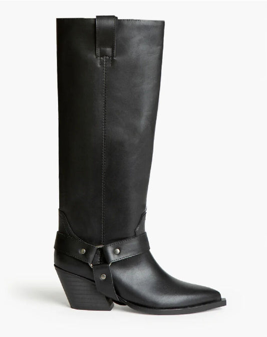 Black Leather Knee-High Western Boots with Block Heel