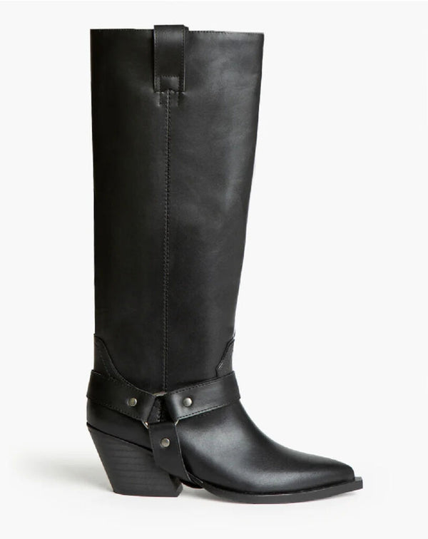 Black Leather Knee-High Western Boots with Block Heel