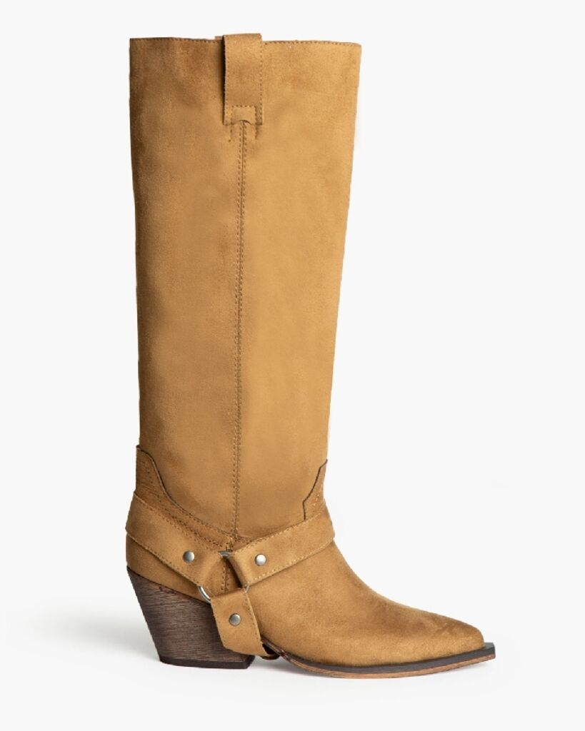 Tan Suede Knee-High Boot with Western Heel