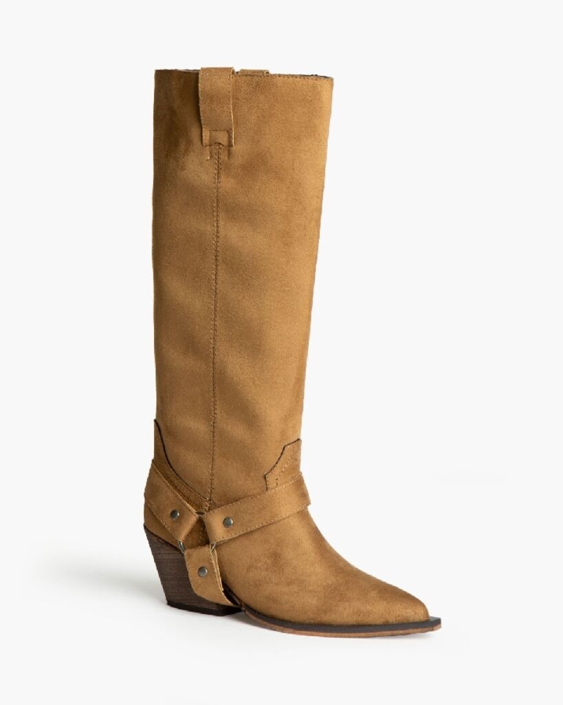 Tan Suede Knee-High Boot with Western Heel