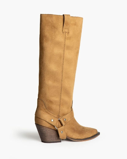 Tan Suede Knee-High Boot with Western Heel