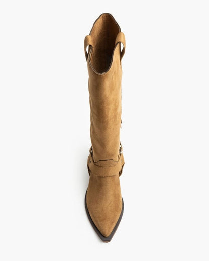 Tan Suede Knee-High Boot with Western Heel