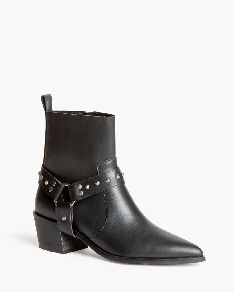 Black Leather Ankle Boots with Studded Strap