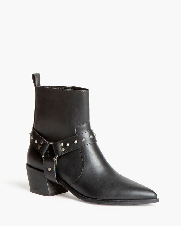 Black Leather Ankle Boots with Studded Strap