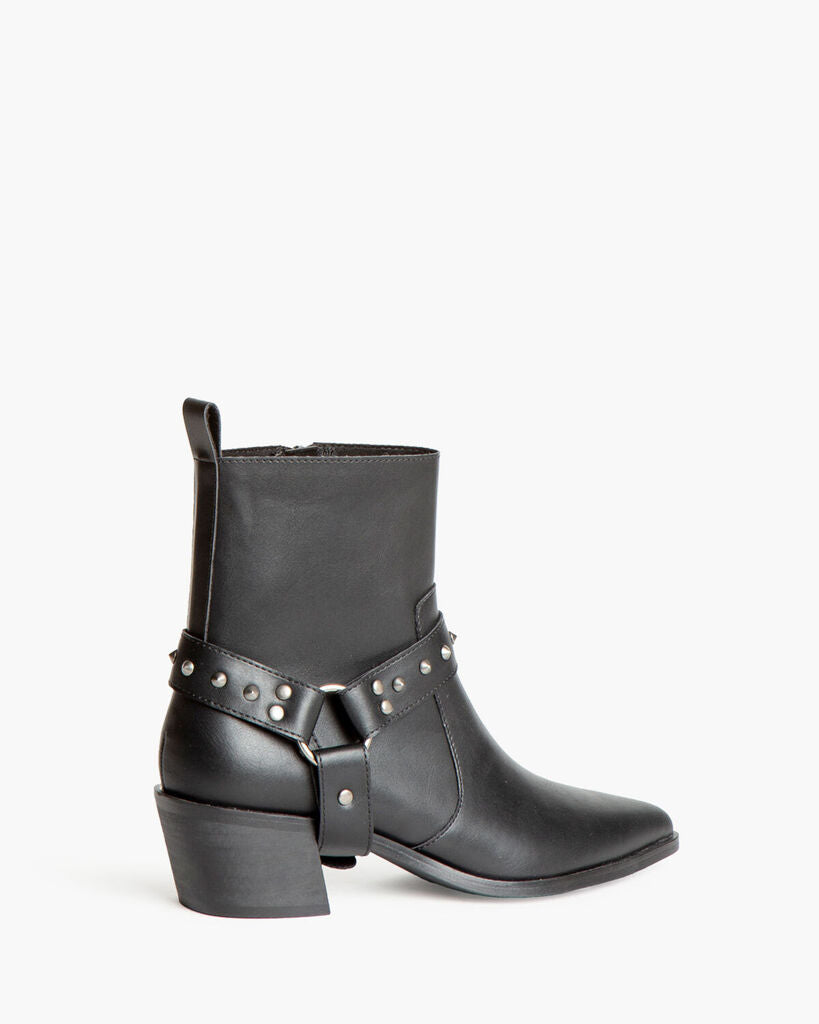 Black Leather Ankle Boots with Studded Strap