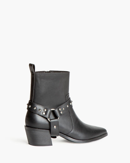 Black Leather Ankle Boots with Studded Strap