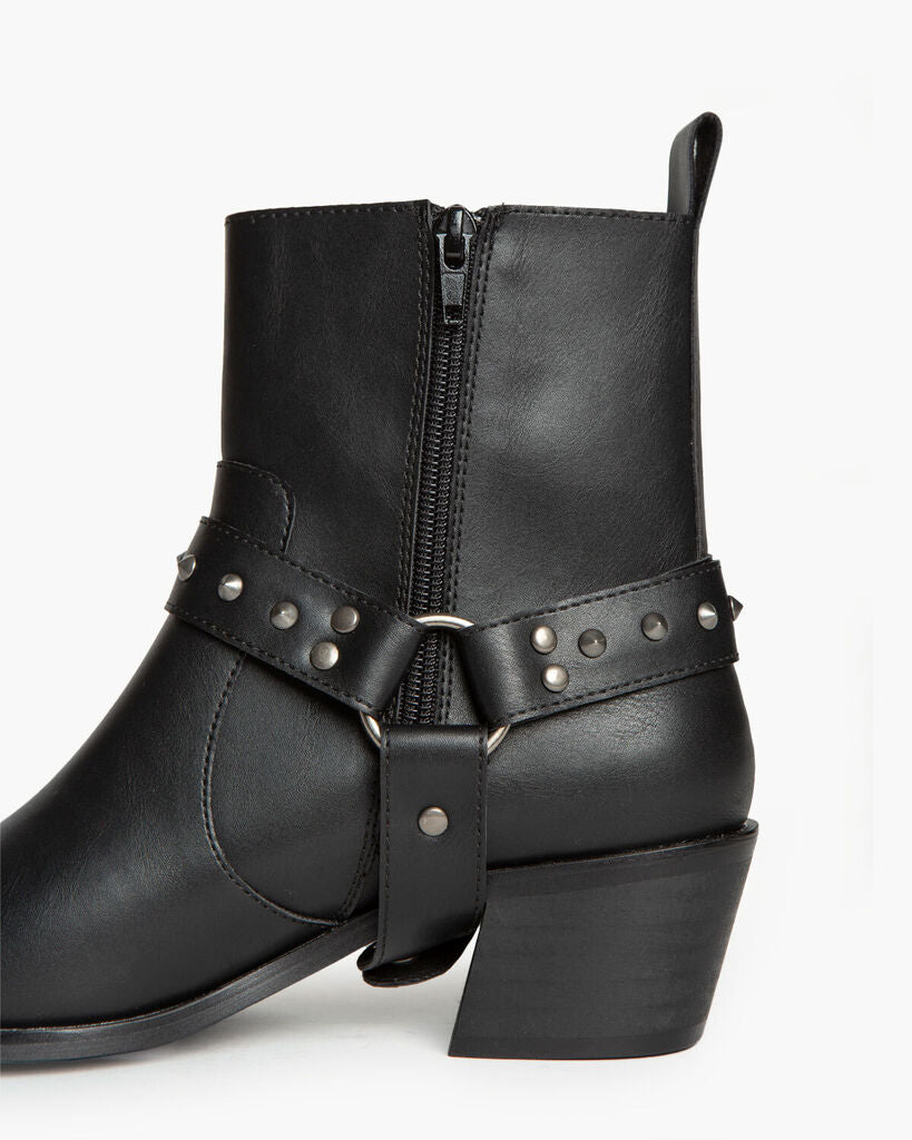 Black Leather Ankle Boots with Studded Strap