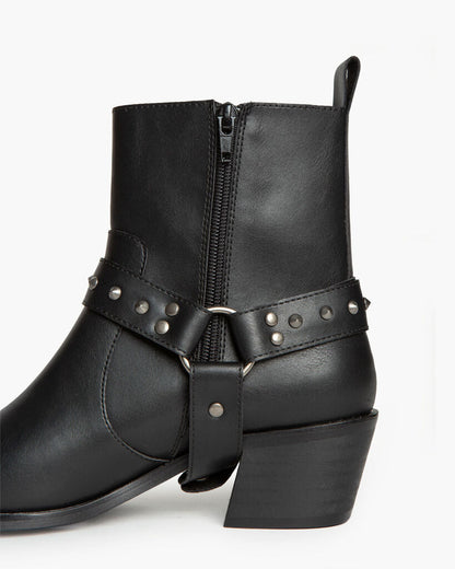 Black Leather Ankle Boots with Studded Strap