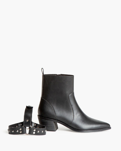 Black Leather Ankle Boots with Studded Strap