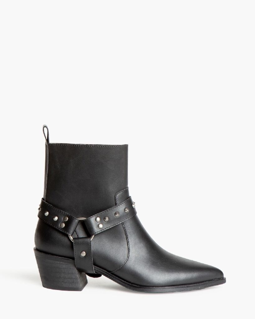 Black Leather Ankle Boots with Studded Strap