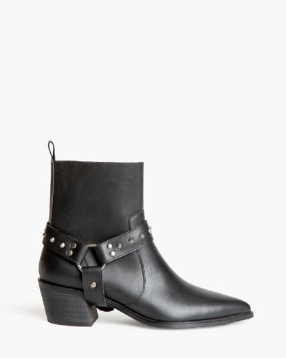 Black Leather Ankle Boots with Studded Strap