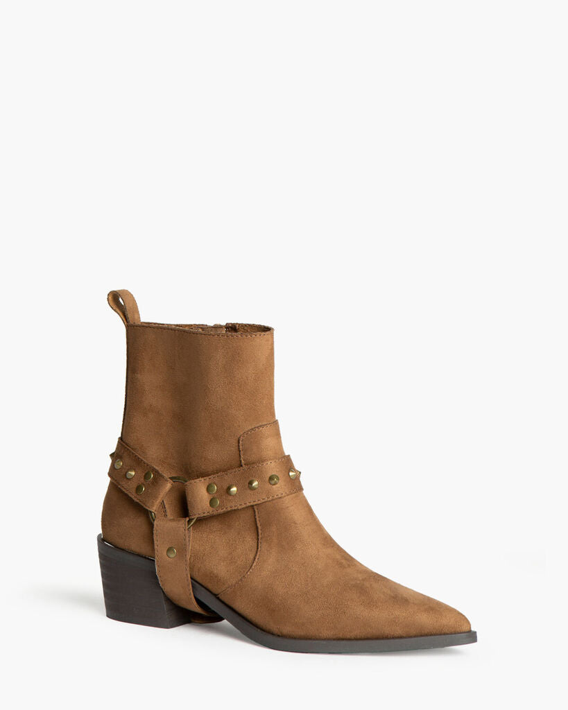 Brown Suede Ankle Boots with Studded Strap