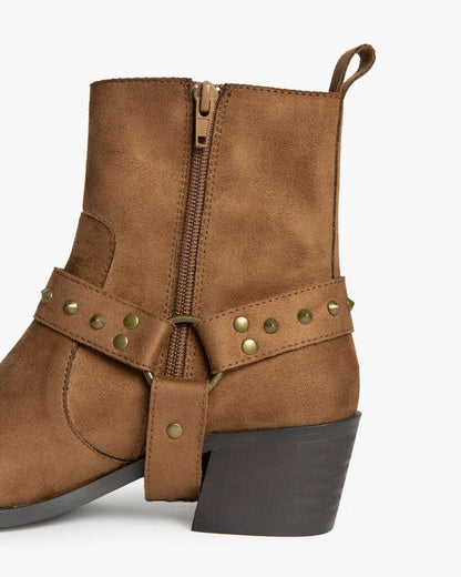 Brown Suede Ankle Boots with Studded Strap