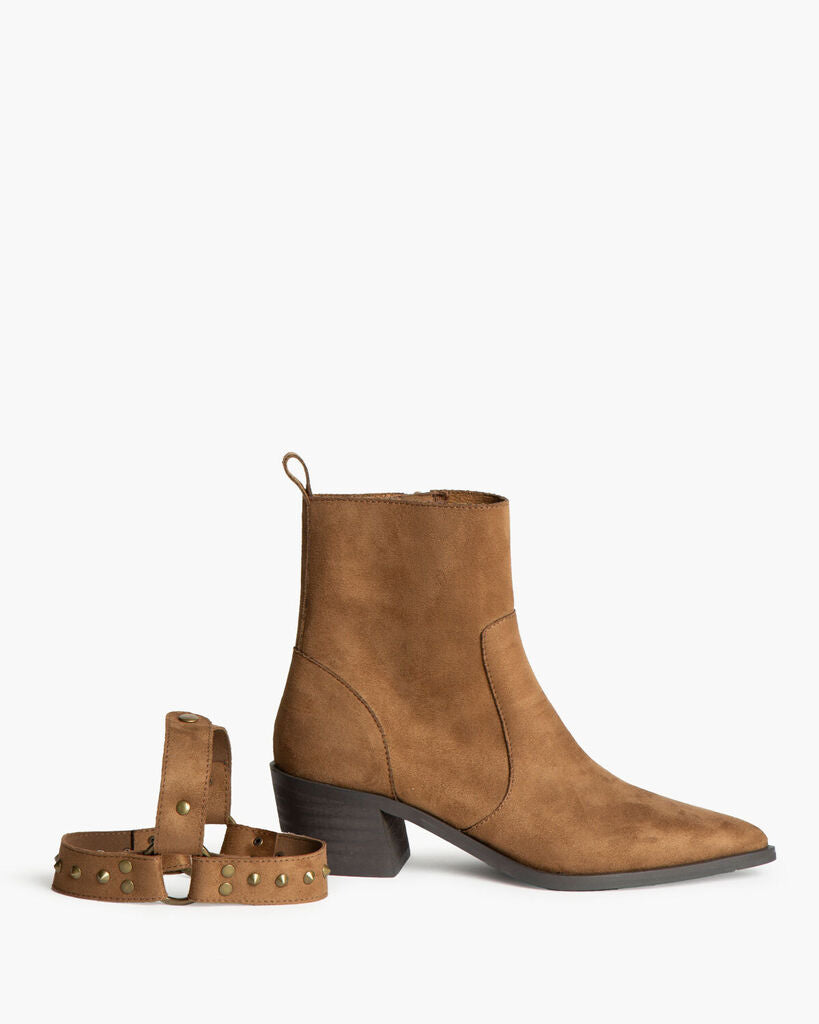 Brown Suede Ankle Boots with Studded Strap