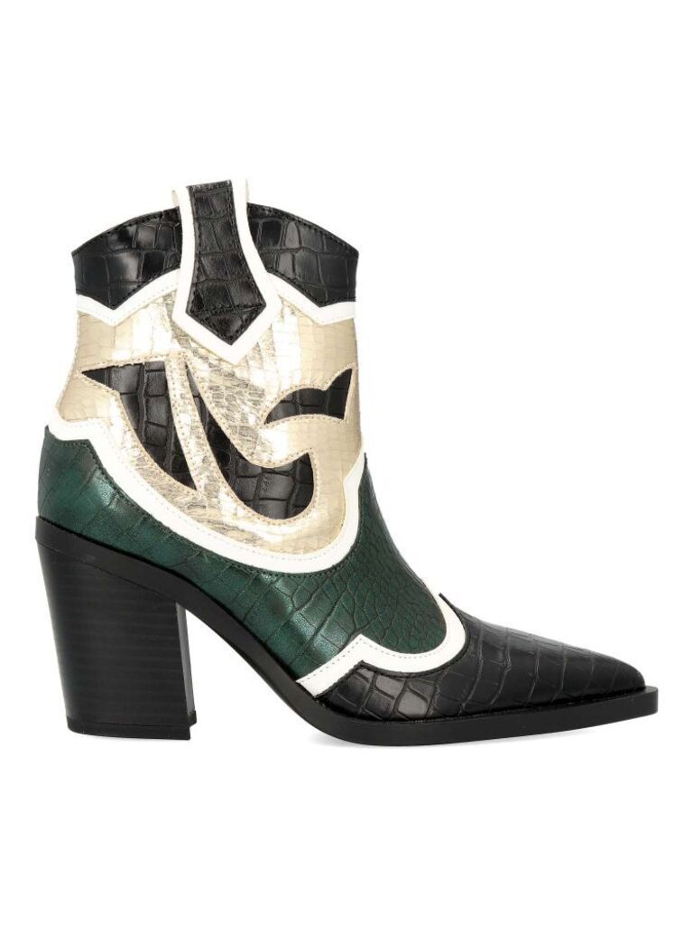 Black and Green Croc-Textured Western Ankle Boots