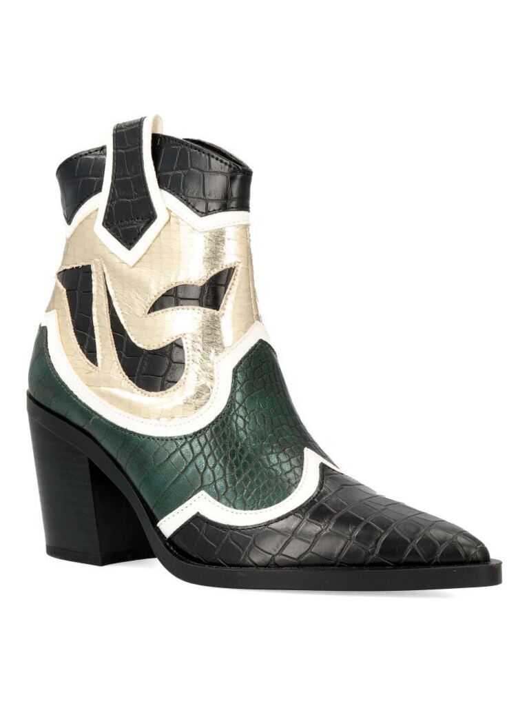 Black and Green Croc-Textured Western Ankle Boots
