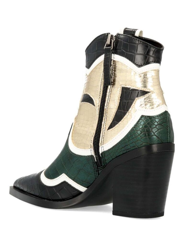 Black and Green Croc-Textured Western Ankle Boots