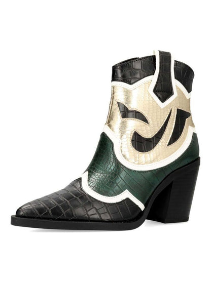 Black and Green Croc-Textured Western Ankle Boots