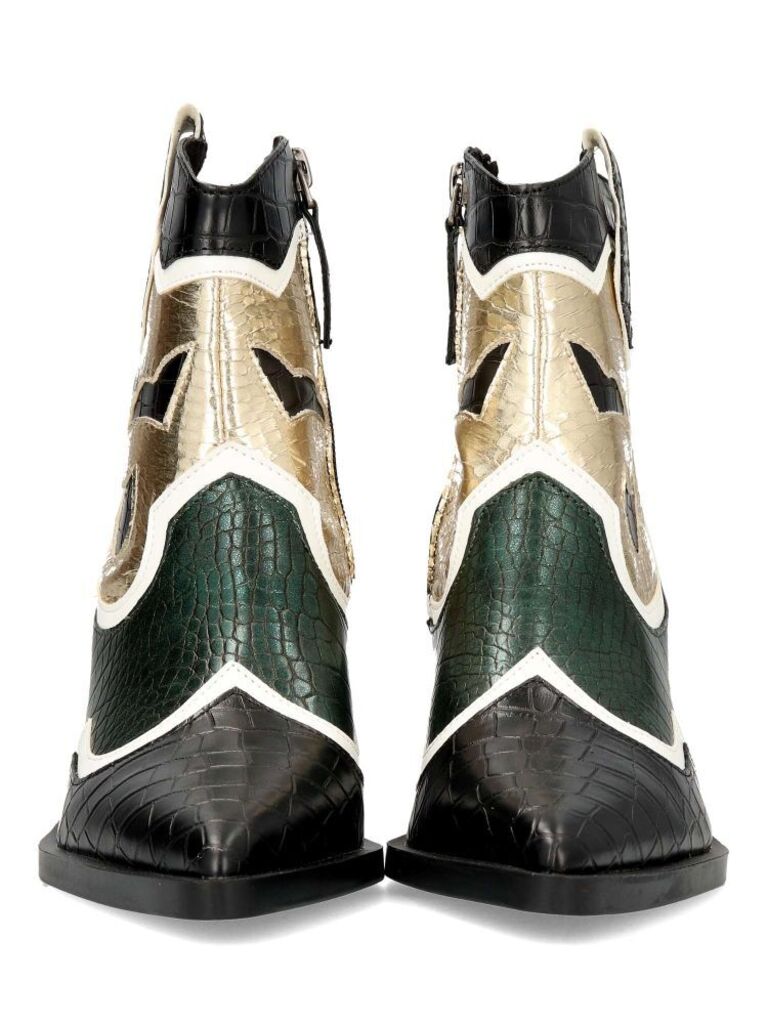 Black and Green Croc-Textured Western Ankle Boots