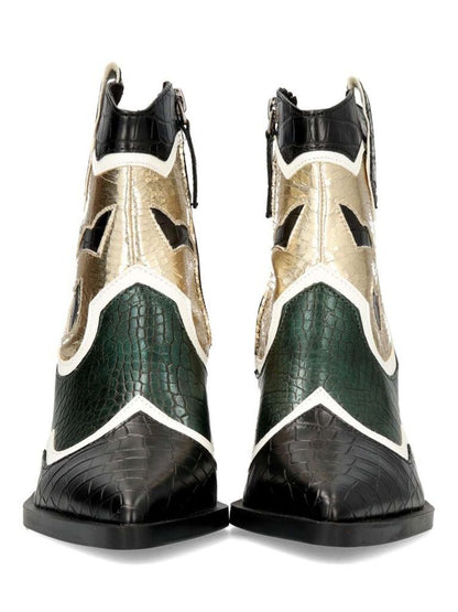 Black and Green Croc-Textured Western Ankle Boots