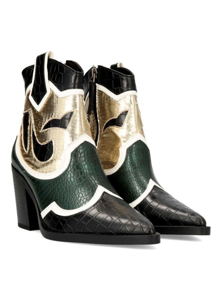 Black and Green Croc-Textured Western Ankle Boots