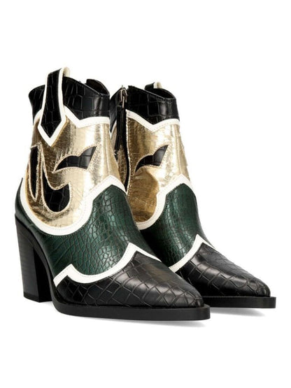 Black and Green Croc-Textured Western Ankle Boots